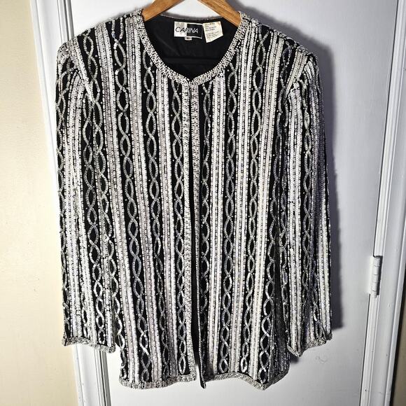 VTG Carina Silk Sequin Beaded Blazer Sz Lg Silver Black Holiday Evening Jacket - Picture 1 of 8